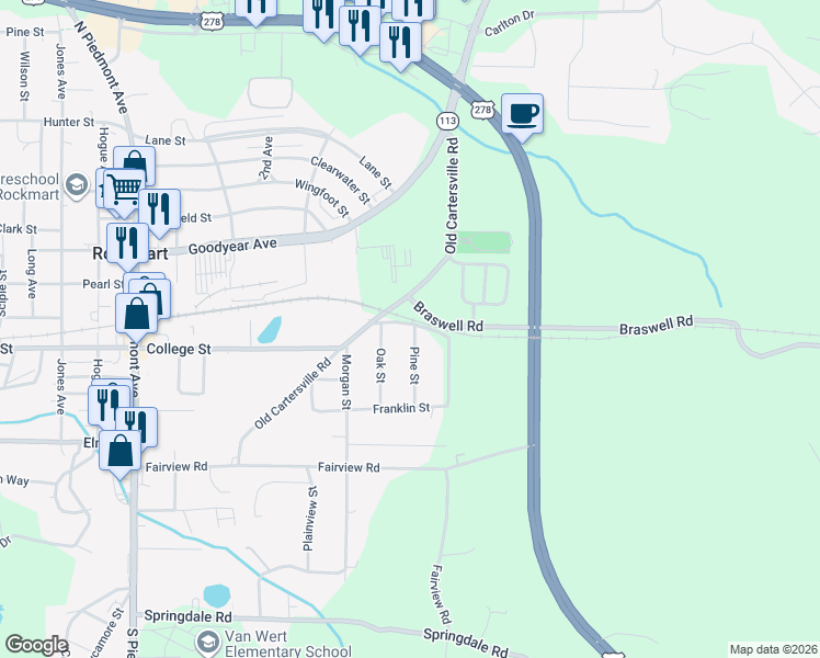 map of restaurants, bars, coffee shops, grocery stores, and more near 534 Pine Street in Rockmart