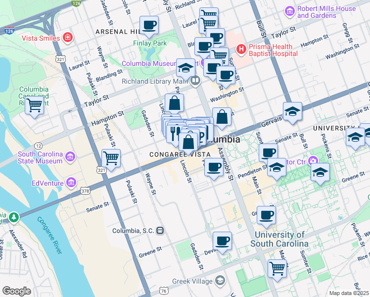 map of restaurants, bars, coffee shops, grocery stores, and more near 1001 Gervais Street in Columbia