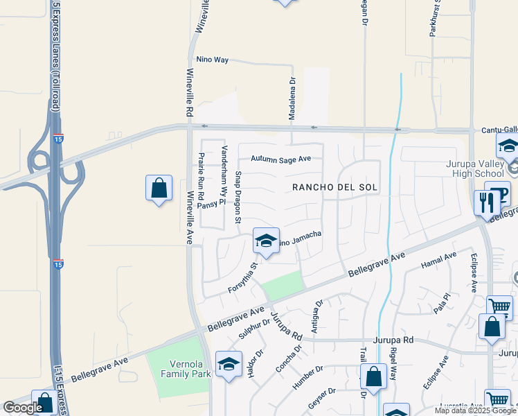 map of restaurants, bars, coffee shops, grocery stores, and more near 11638 Pansy Place in Jurupa Valley
