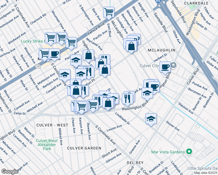 map of restaurants, bars, coffee shops, grocery stores, and more near 12017 Herbert Street in Los Angeles