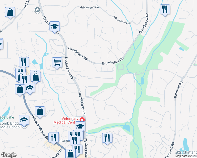 map of restaurants, bars, coffee shops, grocery stores, and more near 9155 Nesbit Ferry Road in Alpharetta