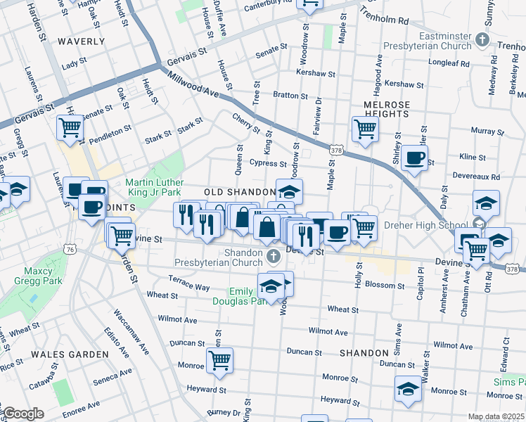 map of restaurants, bars, coffee shops, grocery stores, and more near 819 King Street in Columbia
