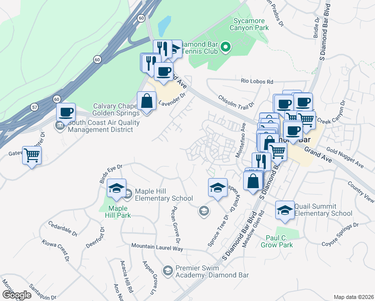 map of restaurants, bars, coffee shops, grocery stores, and more near 22804 Chardonnay Drive in Diamond Bar