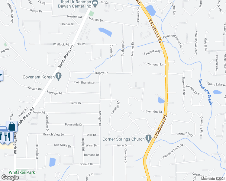 map of restaurants, bars, coffee shops, grocery stores, and more near 2067 Kinridge Court in Marietta