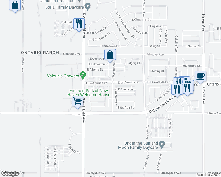map of restaurants, bars, coffee shops, grocery stores, and more near Broadway Avenue in Ontario