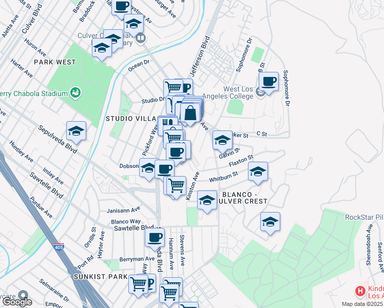 map of restaurants, bars, coffee shops, grocery stores, and more near 5528 Kinston Avenue in Culver City