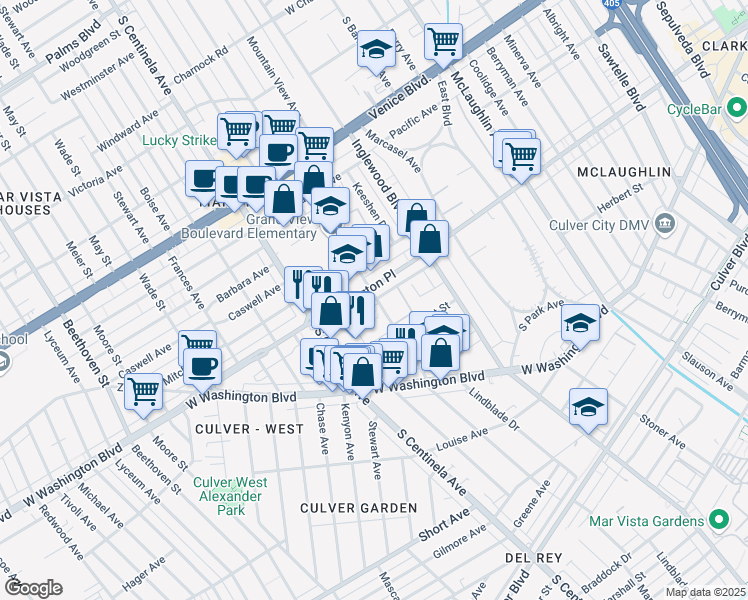 map of restaurants, bars, coffee shops, grocery stores, and more near 4011 Grand View Boulevard in Los Angeles