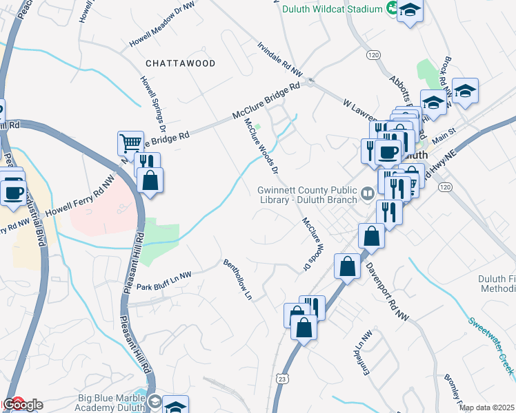 map of restaurants, bars, coffee shops, grocery stores, and more near 3607 Willbrooke Run in Duluth