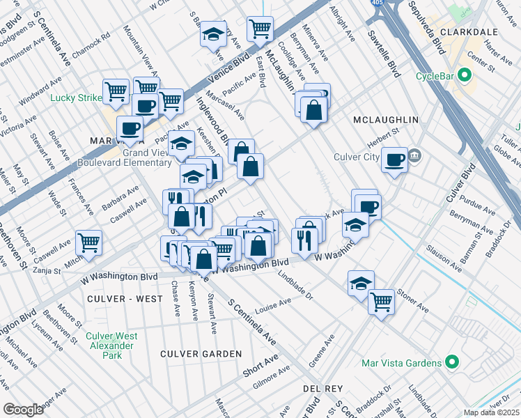 map of restaurants, bars, coffee shops, grocery stores, and more near 12017 Herbert Street in Los Angeles
