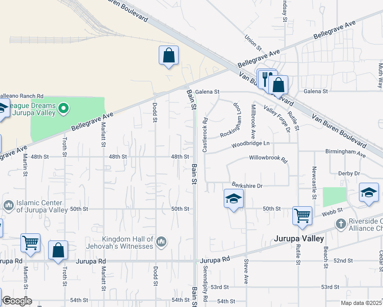 map of restaurants, bars, coffee shops, grocery stores, and more near 4795 Bain Street in Jurupa Valley