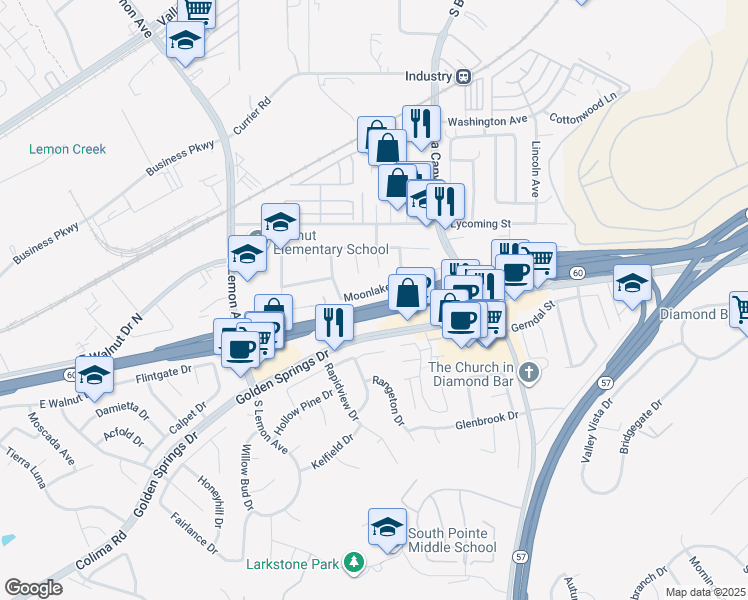 map of restaurants, bars, coffee shops, grocery stores, and more near 20846 Moonlake Street in Walnut