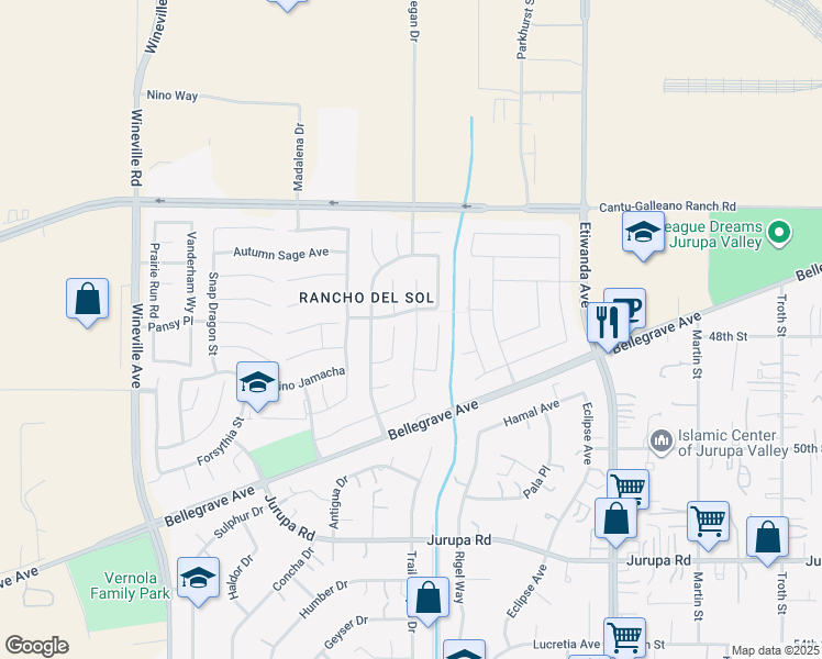 map of restaurants, bars, coffee shops, grocery stores, and more near 4829 Marrieta Street in Jurupa Valley