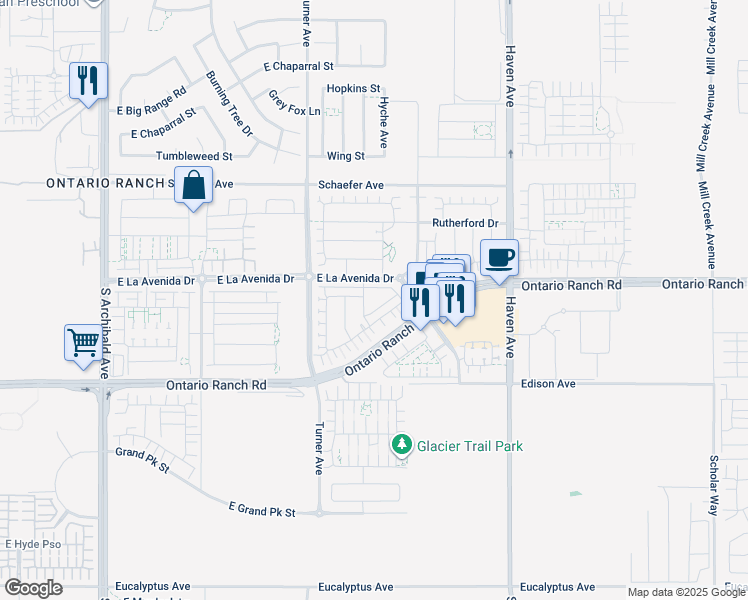map of restaurants, bars, coffee shops, grocery stores, and more near 3212 East New Haven Paseo in Ontario