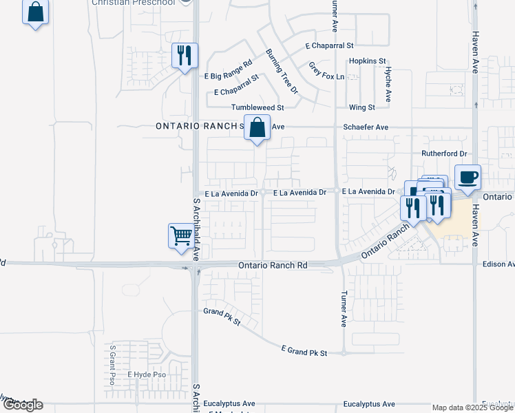 map of restaurants, bars, coffee shops, grocery stores, and more near Broadway Avenue in Ontario