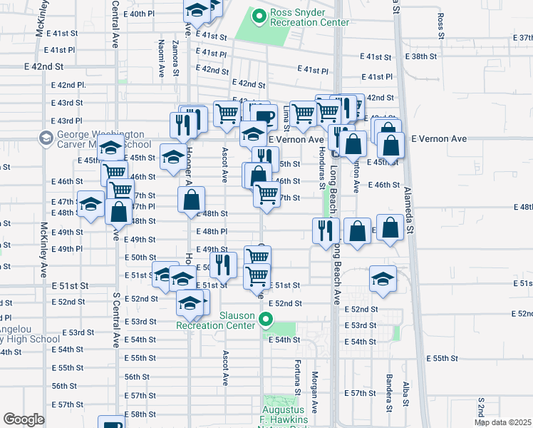 map of restaurants, bars, coffee shops, grocery stores, and more near 4725 Compton Avenue in Los Angeles