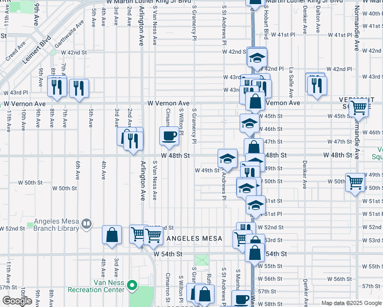 map of restaurants, bars, coffee shops, grocery stores, and more near 4715 South Gramercy Place in Los Angeles