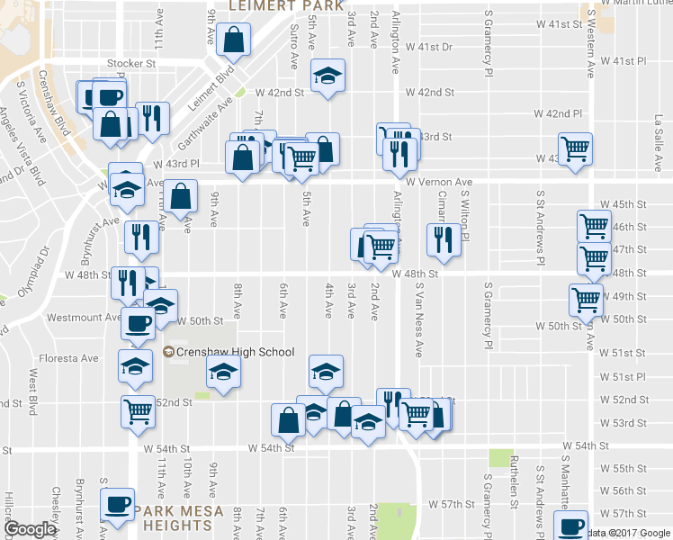 map of restaurants, bars, coffee shops, grocery stores, and more near 4711 4th Avenue in Los Angeles