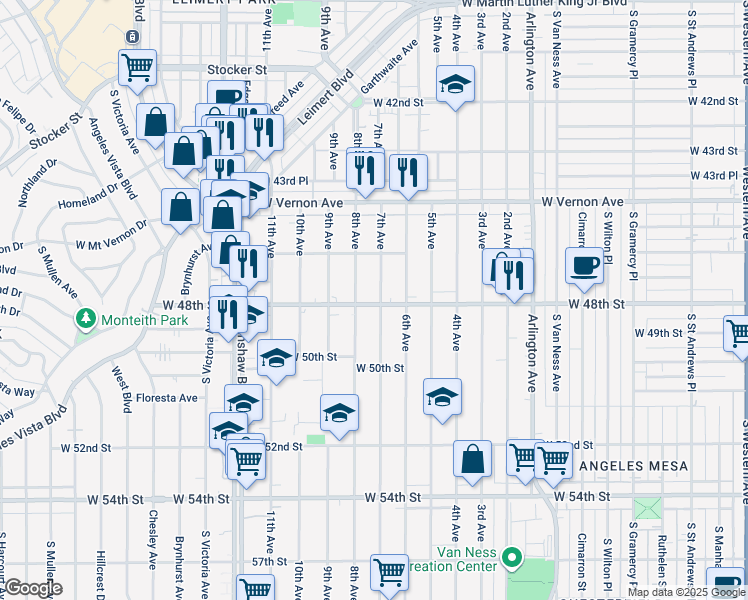 map of restaurants, bars, coffee shops, grocery stores, and more near 4716 7th Avenue in Los Angeles