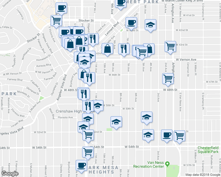 map of restaurants, bars, coffee shops, grocery stores, and more near 4719 9th Avenue in Los Angeles