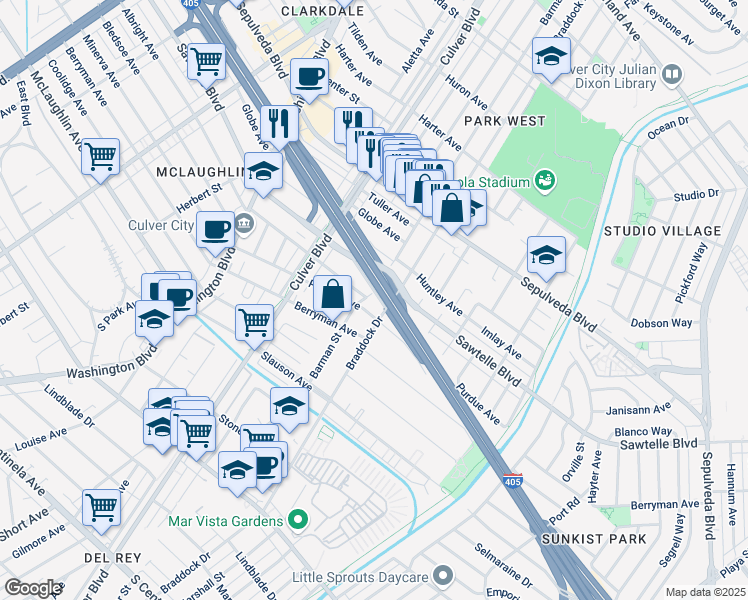 map of restaurants, bars, coffee shops, grocery stores, and more near 4438 Corinth Avenue in Culver City