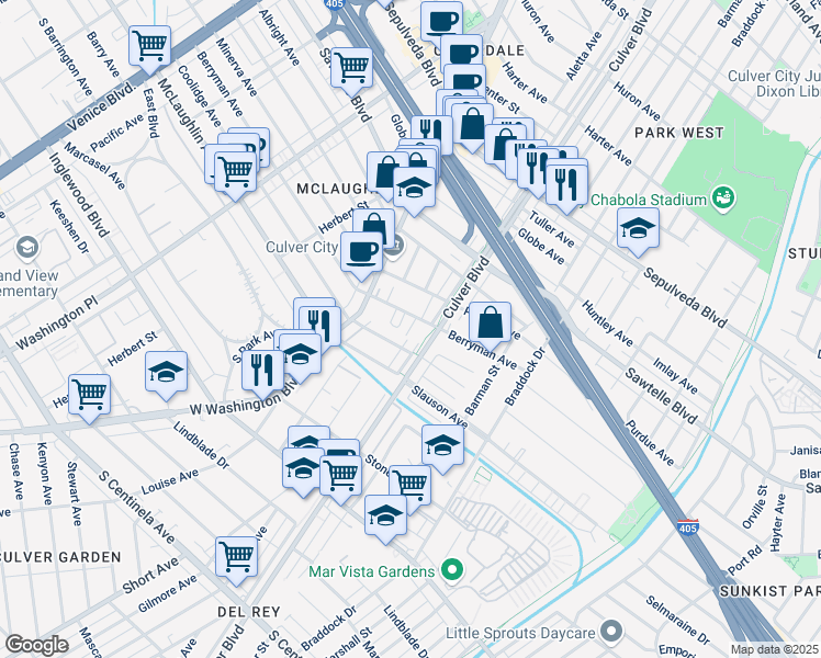 map of restaurants, bars, coffee shops, grocery stores, and more near 4361 Berryman Avenue in Los Angeles