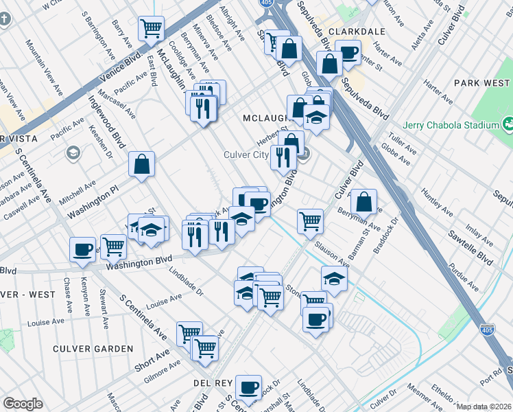 map of restaurants, bars, coffee shops, grocery stores, and more near 11609 Washington Boulevard in Los Angeles