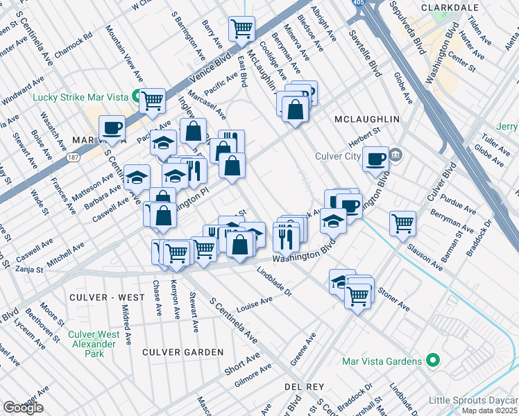 map of restaurants, bars, coffee shops, grocery stores, and more near 4107 Marcasel Avenue in Los Angeles
