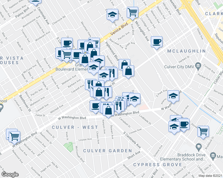 map of restaurants, bars, coffee shops, grocery stores, and more near 4017 Grand View Boulevard in Los Angeles