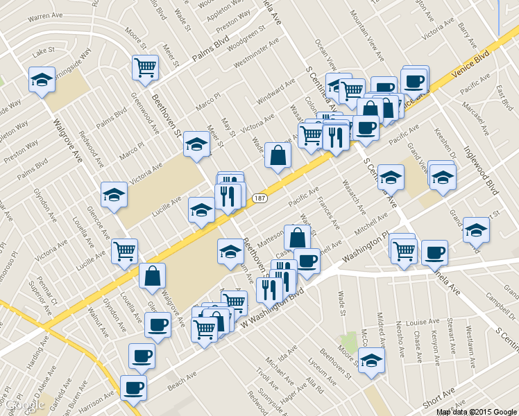 map of restaurants, bars, coffee shops, grocery stores, and more near 12777 Venice Boulevard in Los Angeles