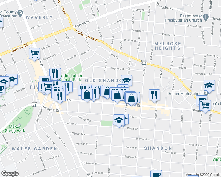 map of restaurants, bars, coffee shops, grocery stores, and more near 819 King Street in Columbia