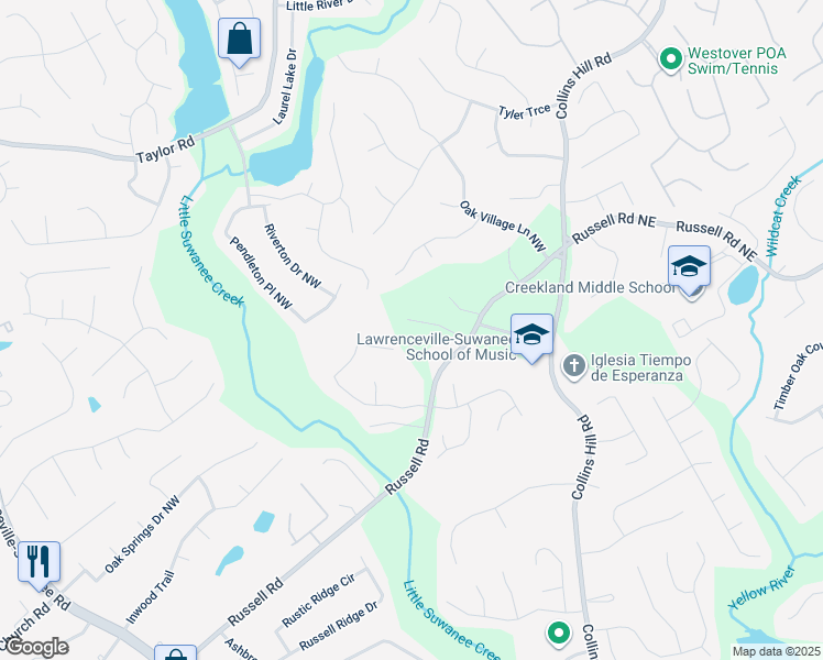 map of restaurants, bars, coffee shops, grocery stores, and more near 115 Russell Road in Lawrenceville