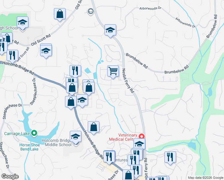 map of restaurants, bars, coffee shops, grocery stores, and more near 102 Regency Road in Alpharetta