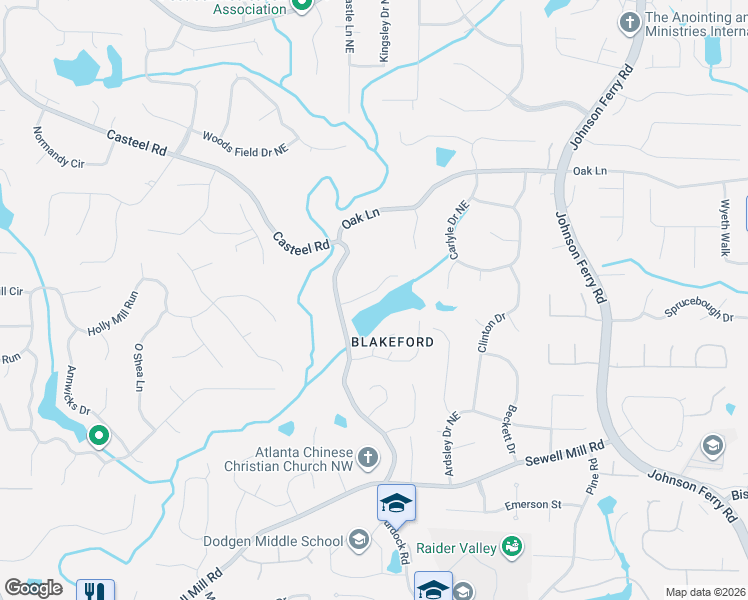 map of restaurants, bars, coffee shops, grocery stores, and more near 3630 Blakeford Club Drive in Marietta