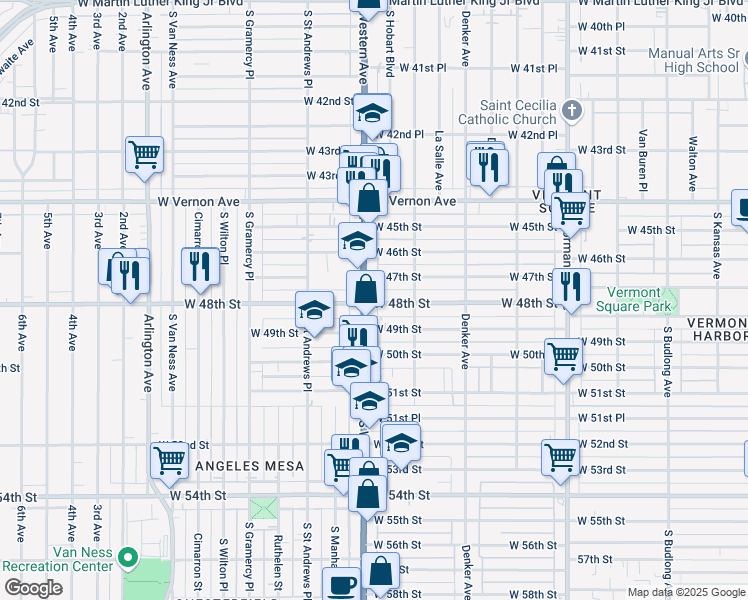 map of restaurants, bars, coffee shops, grocery stores, and more near 1645 West 48th Street in Los Angeles