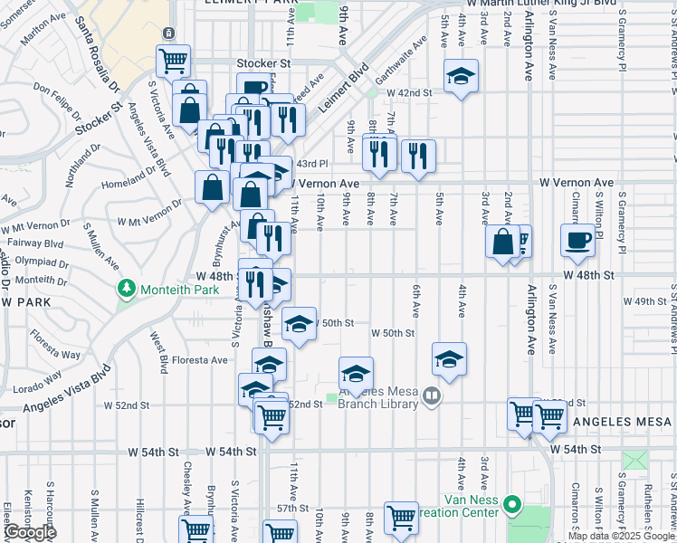 map of restaurants, bars, coffee shops, grocery stores, and more near 3101 West 48th Street in Los Angeles