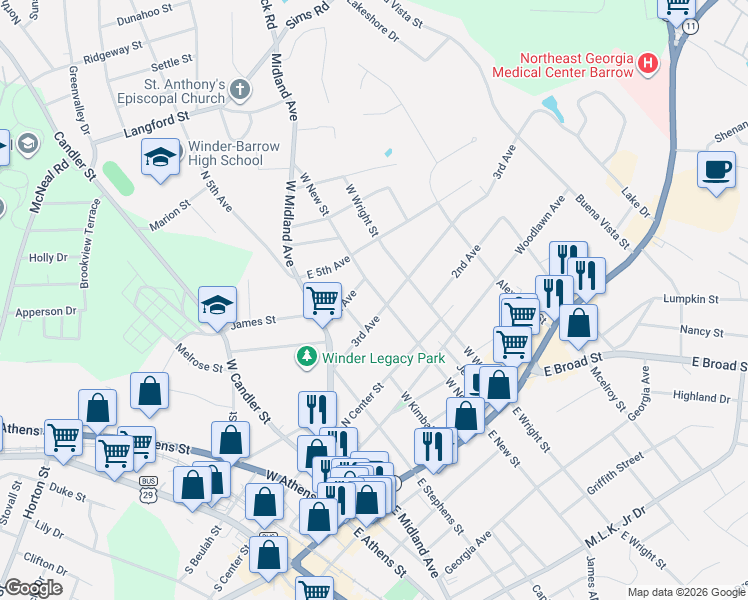 map of restaurants, bars, coffee shops, grocery stores, and more near 111 West New Street in Winder