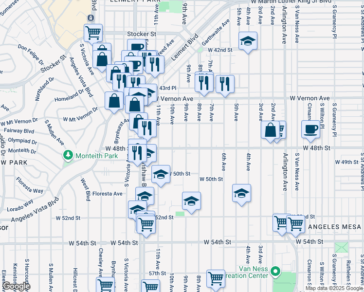 map of restaurants, bars, coffee shops, grocery stores, and more near 4719 9th Avenue in Los Angeles