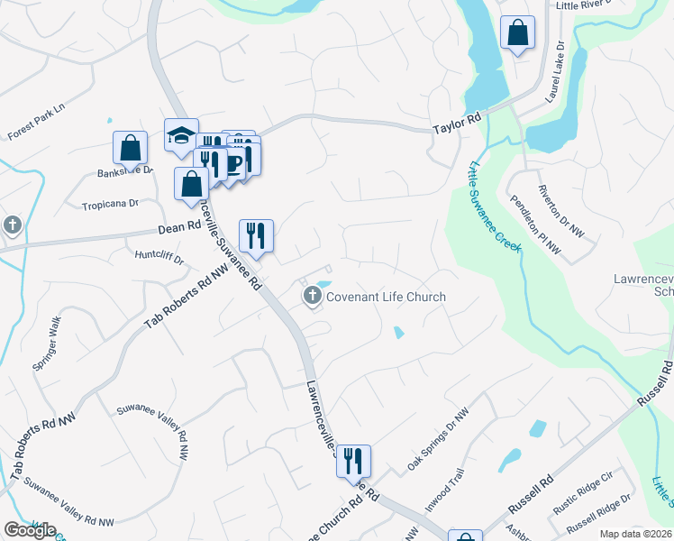 map of restaurants, bars, coffee shops, grocery stores, and more near 547 Woodland Park Terrace in Lawrenceville