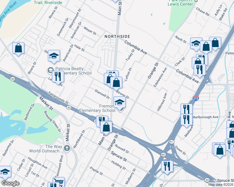 map of restaurants, bars, coffee shops, grocery stores, and more near 1710 Main Street in Riverside