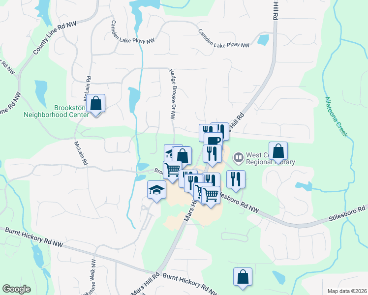 map of restaurants, bars, coffee shops, grocery stores, and more near 1802 Manor View Circle Northwest in Acworth