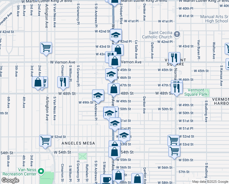map of restaurants, bars, coffee shops, grocery stores, and more near 4728 South Western Avenue in Los Angeles