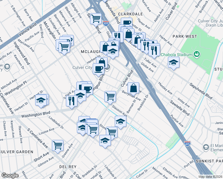 map of restaurants, bars, coffee shops, grocery stores, and more near 4361 Berryman Avenue in Los Angeles