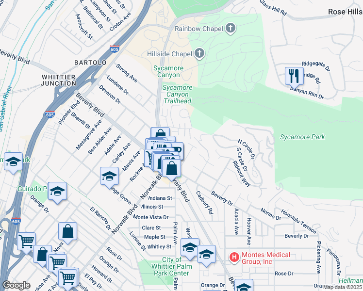 map of restaurants, bars, coffee shops, grocery stores, and more near 5307 Woodward Lane in Whittier