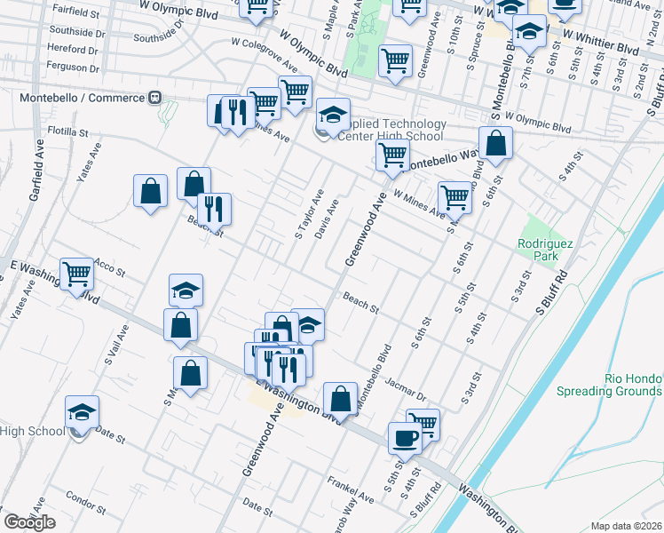 map of restaurants, bars, coffee shops, grocery stores, and more near 740 Carmelita Place in Montebello