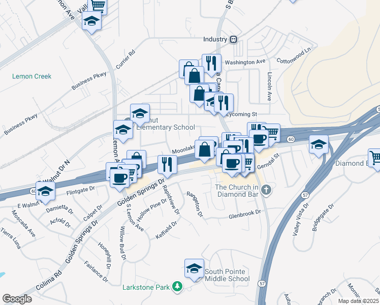 map of restaurants, bars, coffee shops, grocery stores, and more near 20853 Moonlake Street in Walnut