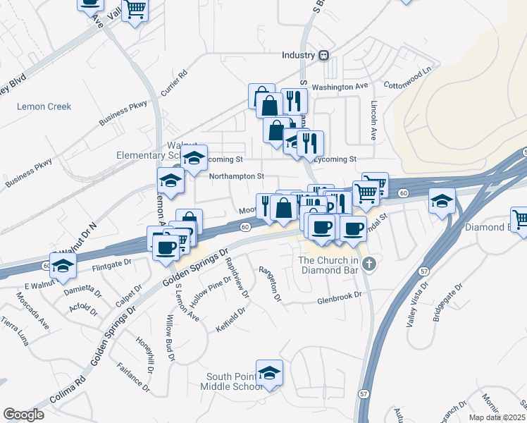 map of restaurants, bars, coffee shops, grocery stores, and more near 20853 Moonlake Street in Walnut