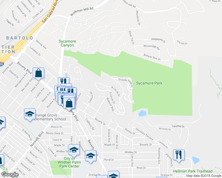map of restaurants, bars, coffee shops, grocery stores, and more near 11759 South Circle Drive in Whittier