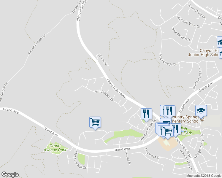 map of restaurants, bars, coffee shops, grocery stores, and more near 13931 Shady Grove Lane in Chino Hills