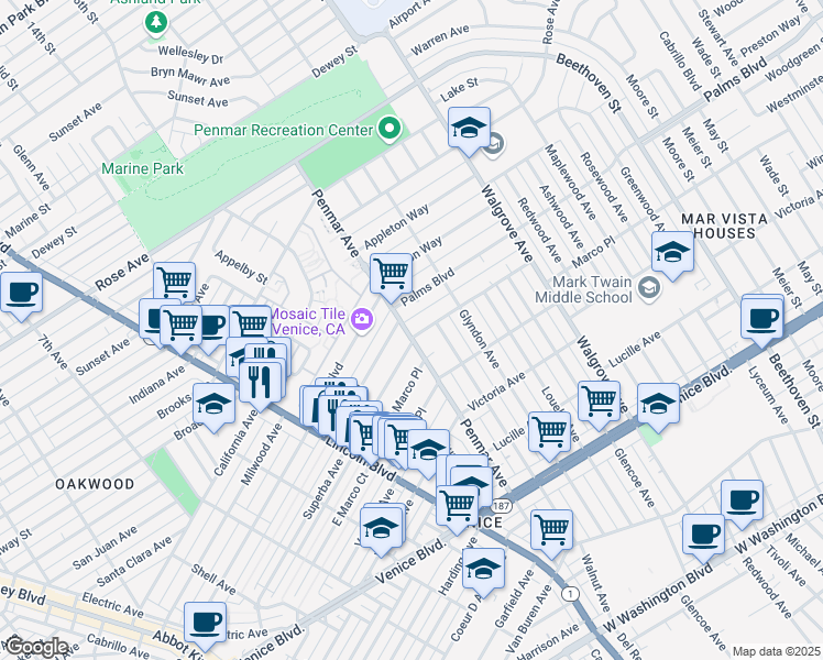 map of restaurants, bars, coffee shops, grocery stores, and more near 1926 Penmar Avenue in Los Angeles