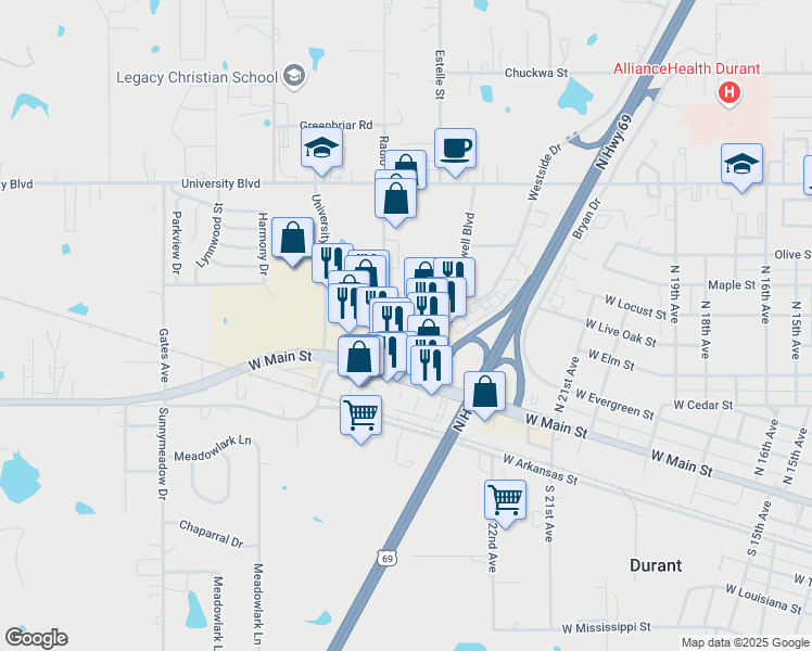 map of restaurants, bars, coffee shops, grocery stores, and more near 2418 West Main Street in Durant